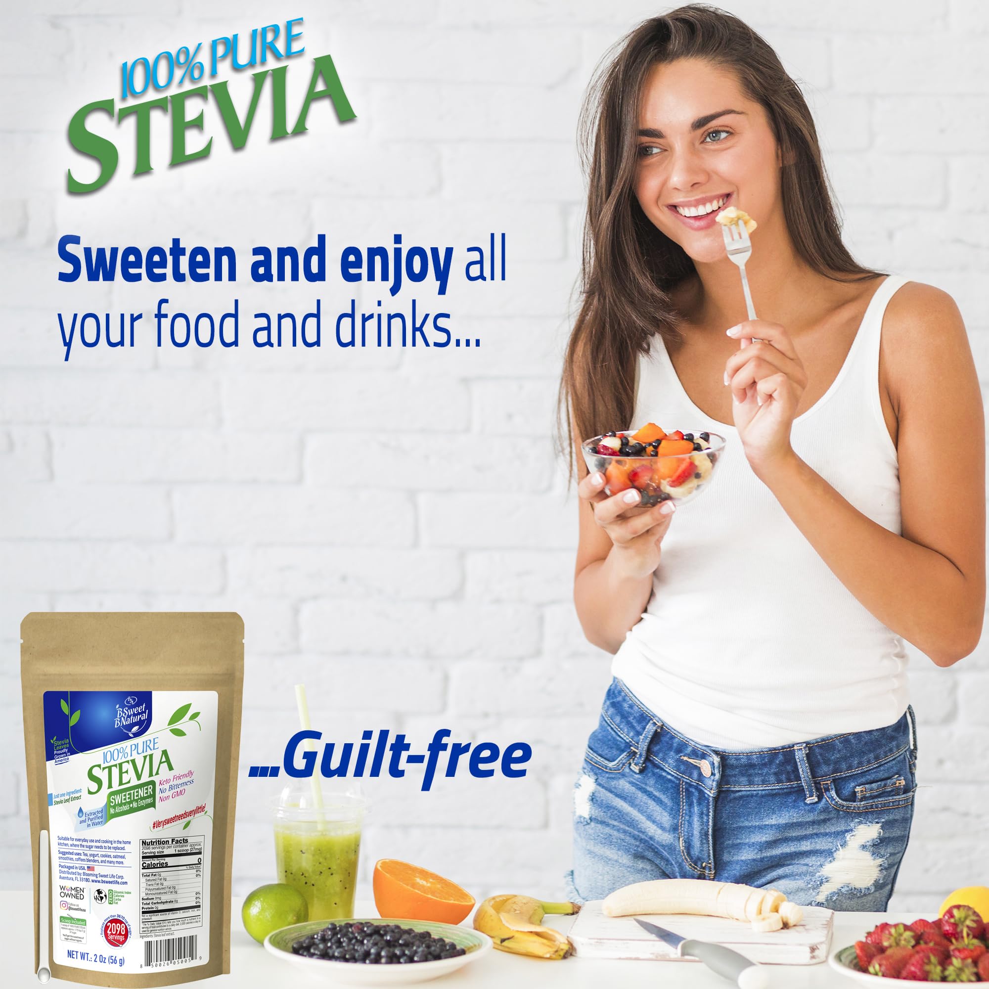 BSweetBNatural stevia powder bottle on kitchen counter