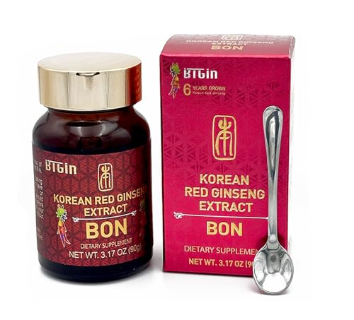 BTGIN Bon Korean Red Panax Ginseng Extract bottle label close-up showing 6-year root theme.