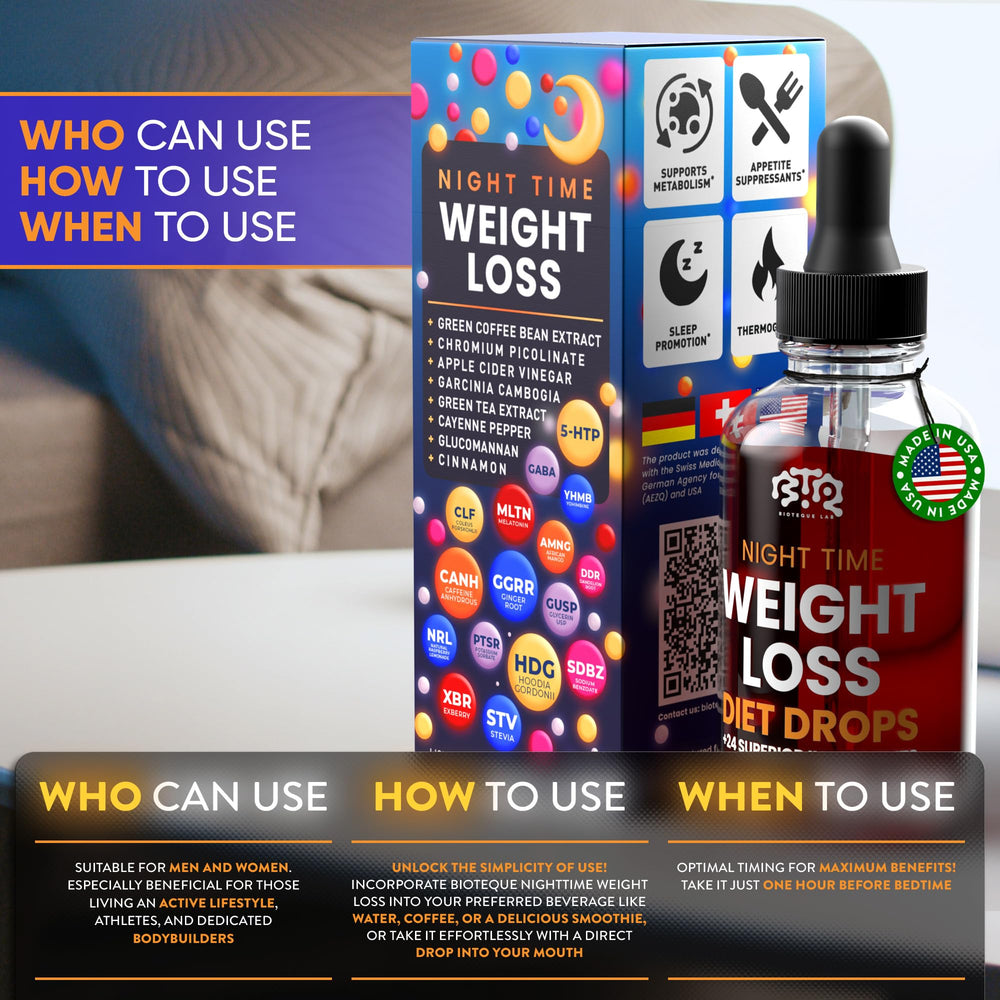 BTQ Bioteque Lab Night Time Drops appetite illustration highlights nighttime cravings support.