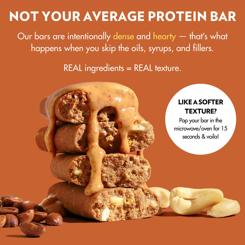 Cross-section of B.T.R. Nation Cinnamon Cashew Crunch bar reveals cashews and quinoa crisps.