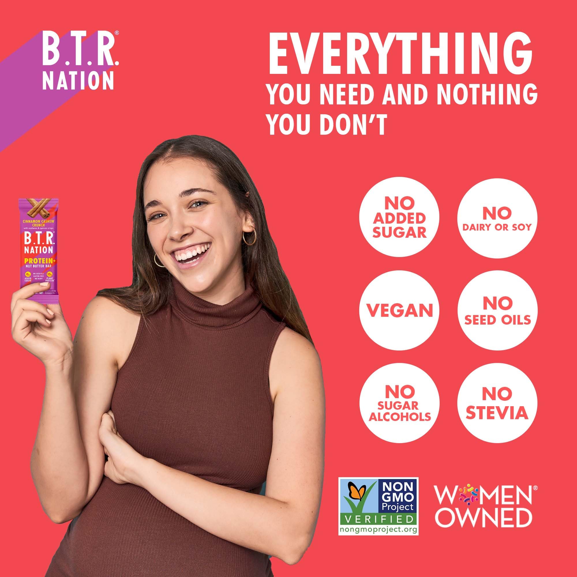 On-the-go image of B.T.R. Nation Cinnamon Cashew Crunch bar for keto-friendly snacking.