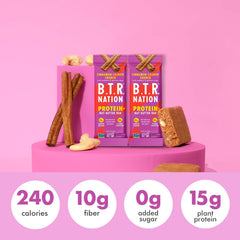 B.T.R. Nation Cinnamon Cashew Crunch bar shown as post-workout or mid-day snack.