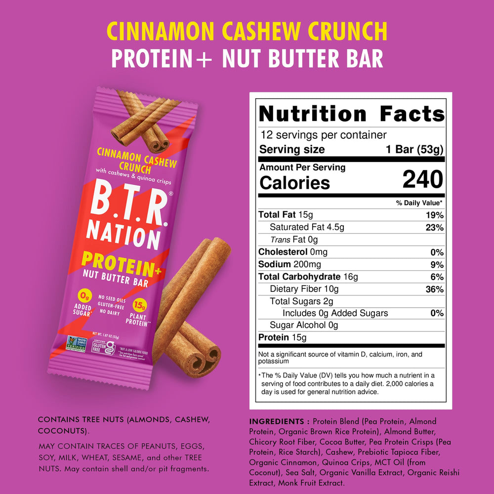 Close-up of B.T.R. Nation Cinnamon Cashew Crunch bar showing crispy texture and cinnamon-cashew flavor.
