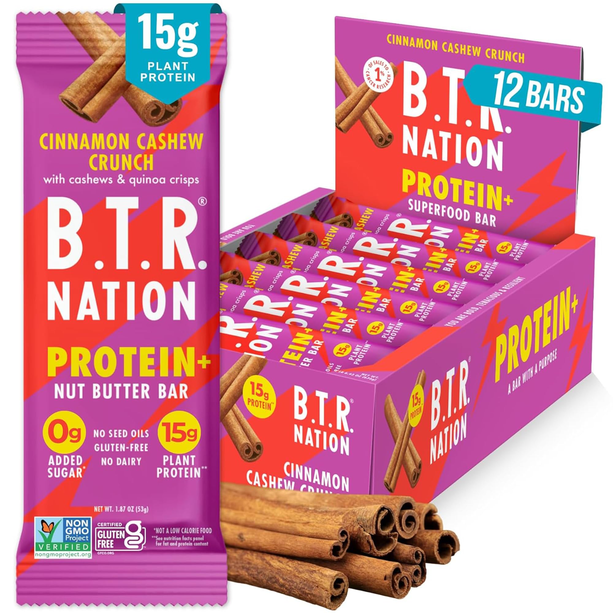 B.T.R. Nation Cinnamon Cashew Crunch packaging highlights clean label and keto-friendly snack.
