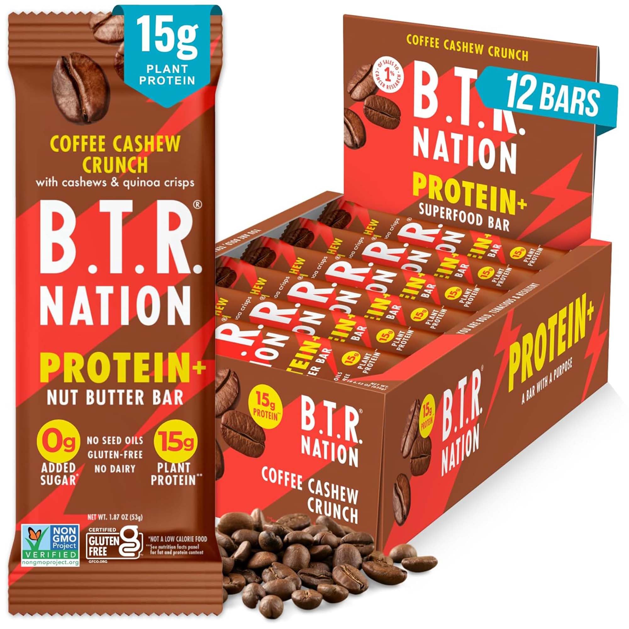 B.T.R. Nation Coffee Cashew Crunch bar close-up for quick energy and texture