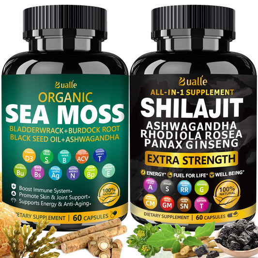 Bualle bundle front view shows sea moss and shilajit duo for daily vitality.