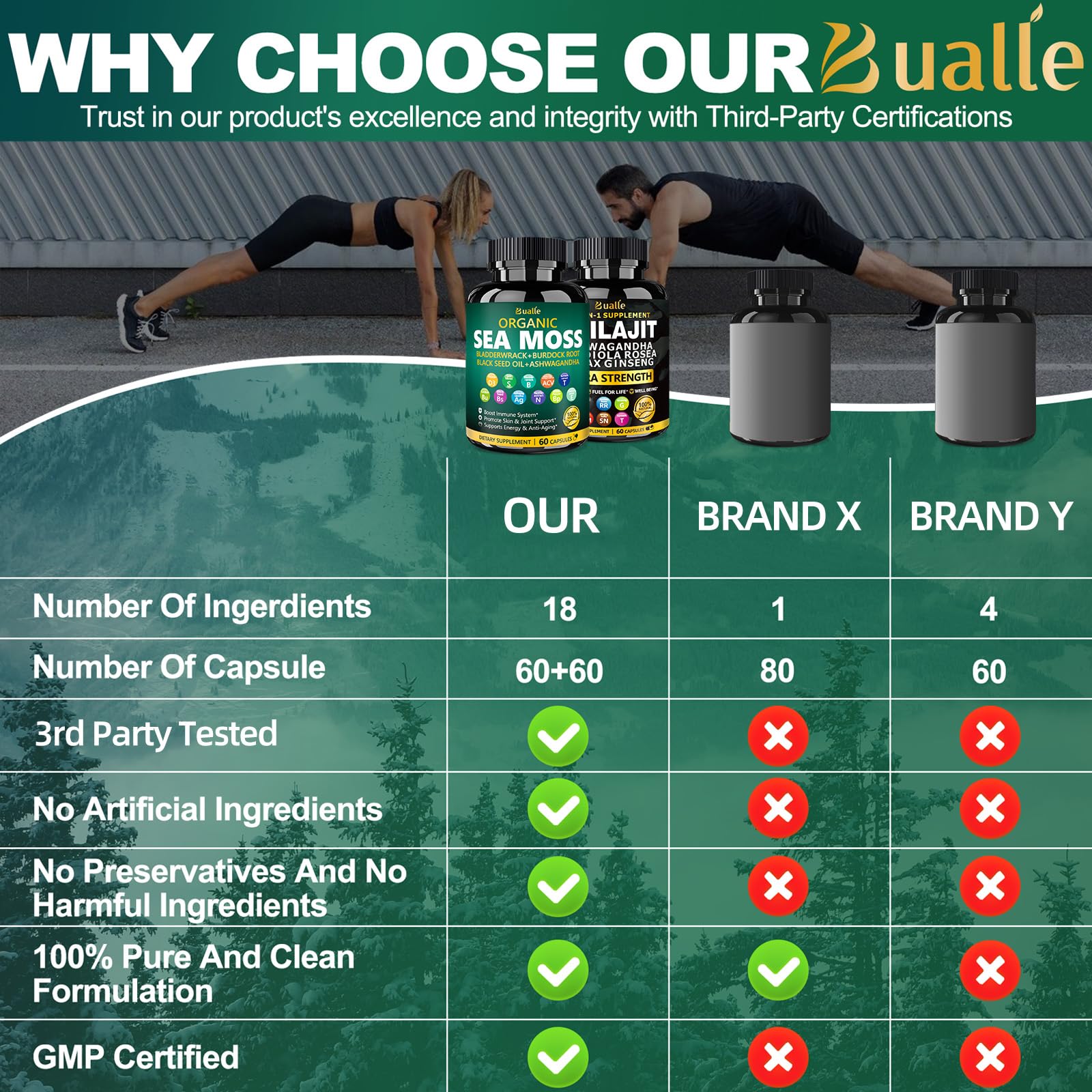 Bualle ginger-shilajit capsules close-up with energy support.