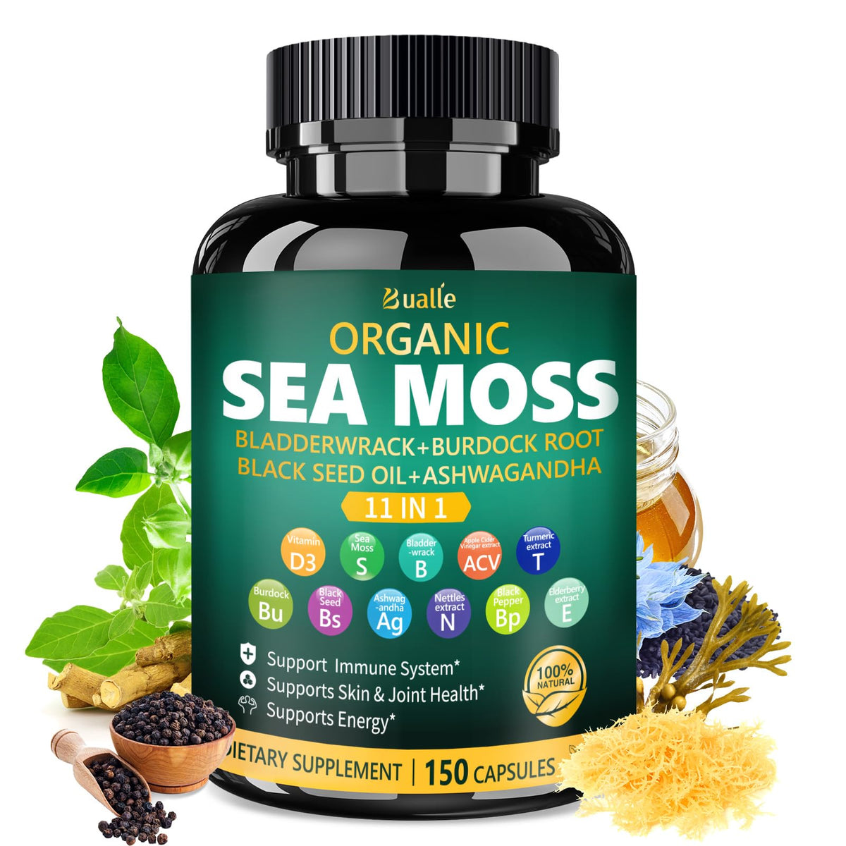 Bualle Irish Sea Moss capsules bottle for convenient daily wellness support.