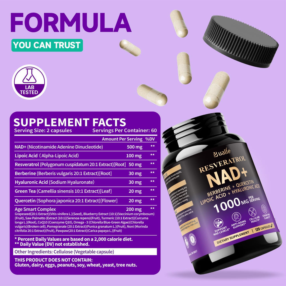 Bualle NAD supplement bottle closeup highlights key ingredients for potential wellness support