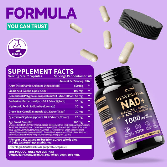 Bualle NAD supplement bottle closeup highlights key ingredients for potential wellness support