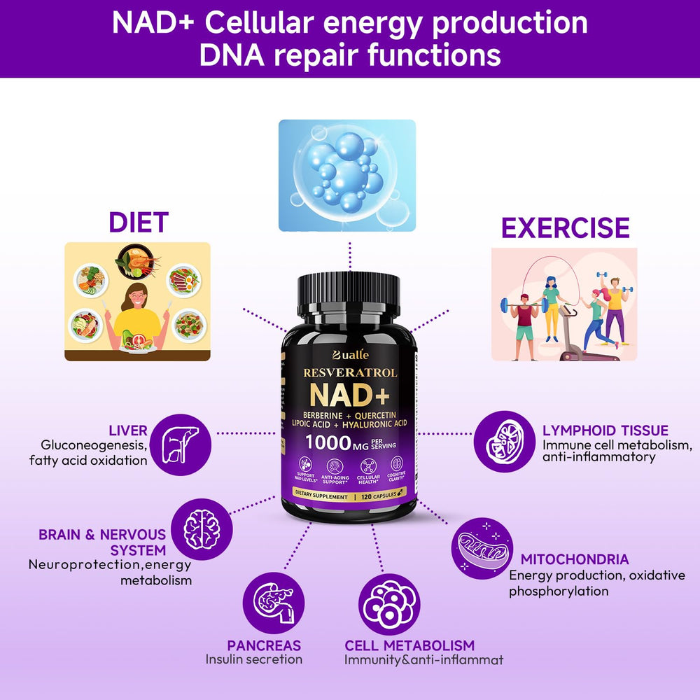 Bualle NAD supplement ingredients-chart details NR NAM resveratrol and antioxidants
