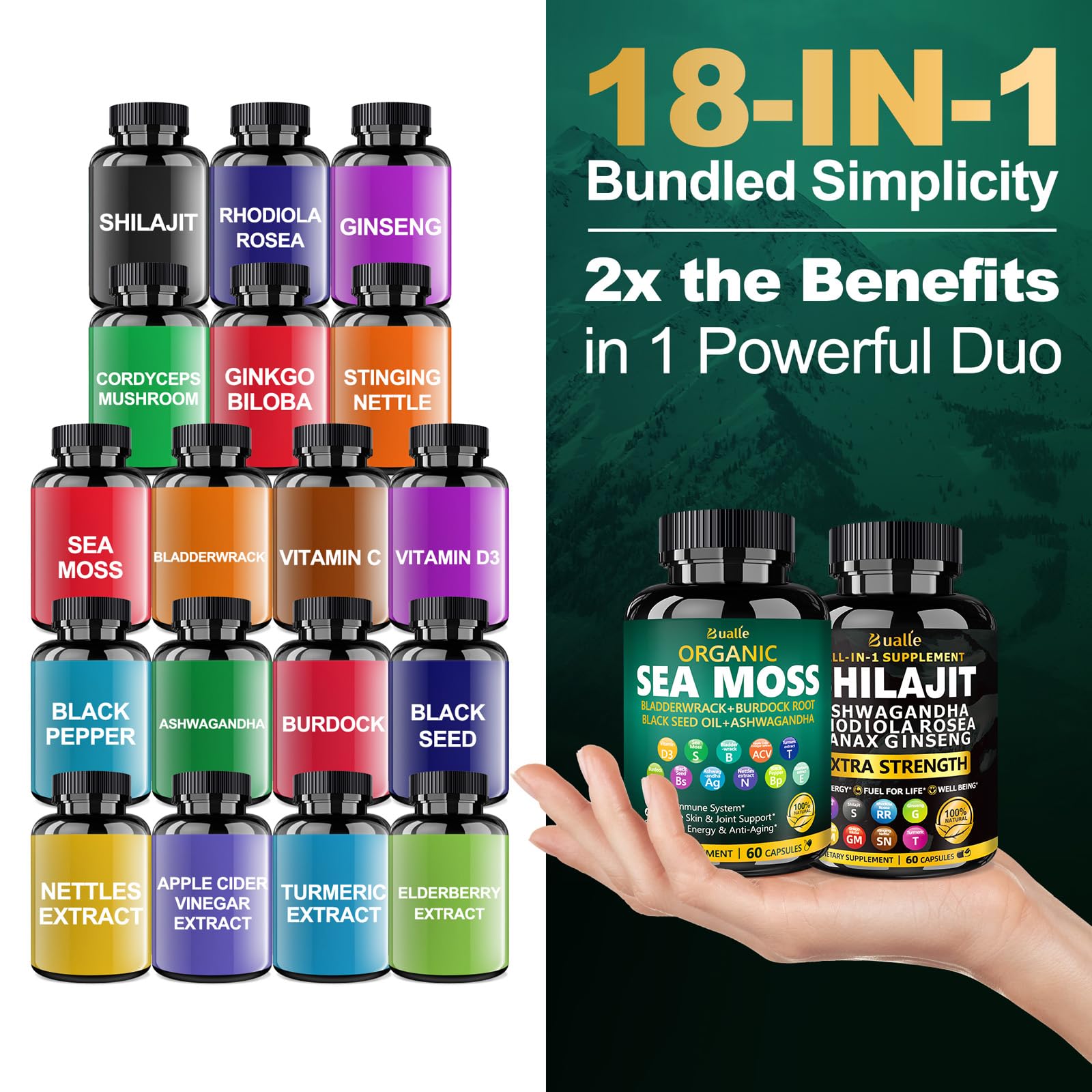 Bualle packaging light-proof bottle highlighting freshness retention.