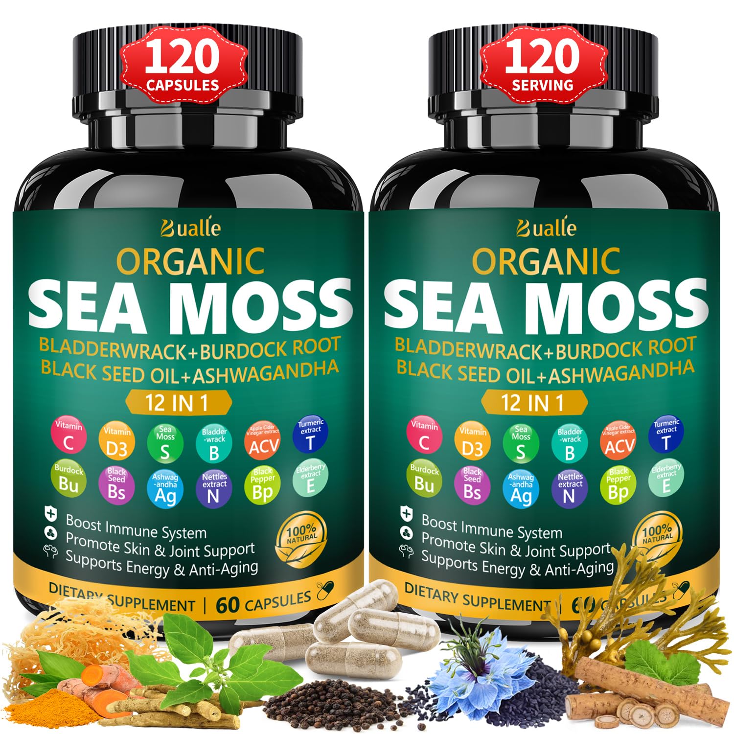 Bualle Sea Moss Capsules bottle ready for daily immune support.