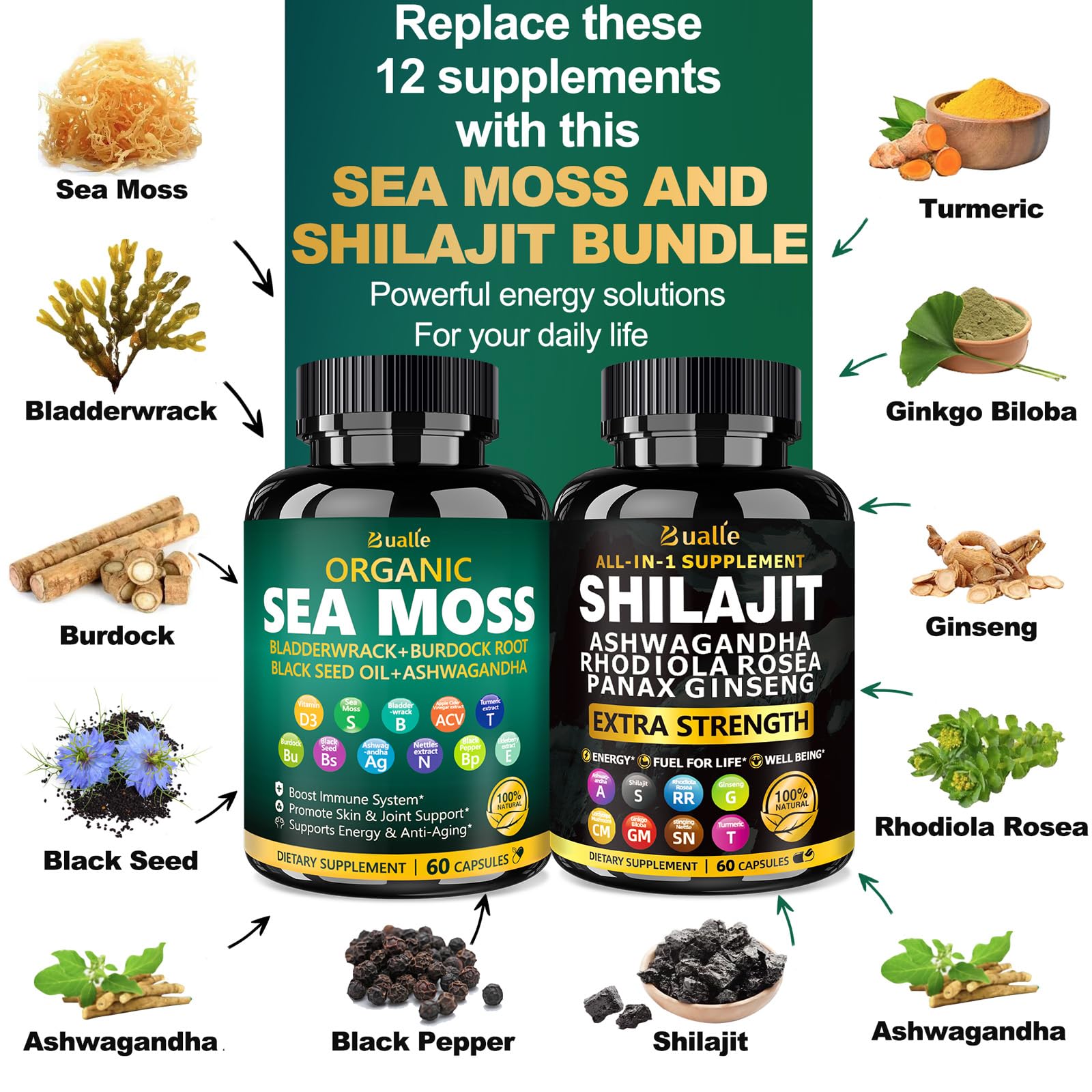 Bualle sea moss capsules close-up highlighting Irish sea moss and minerals.