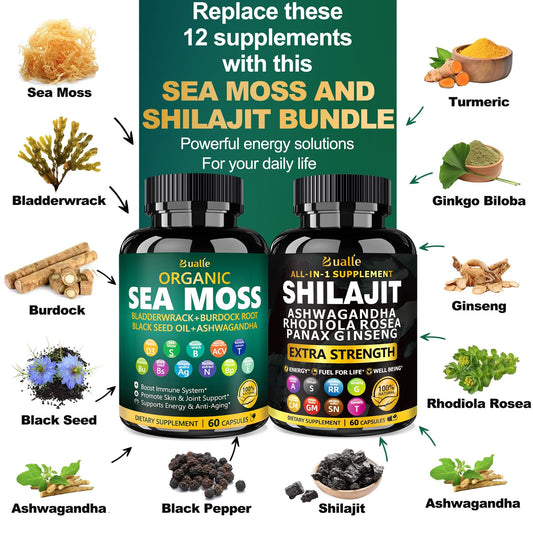 Bualle sea moss capsules close-up highlighting Irish sea moss and minerals.