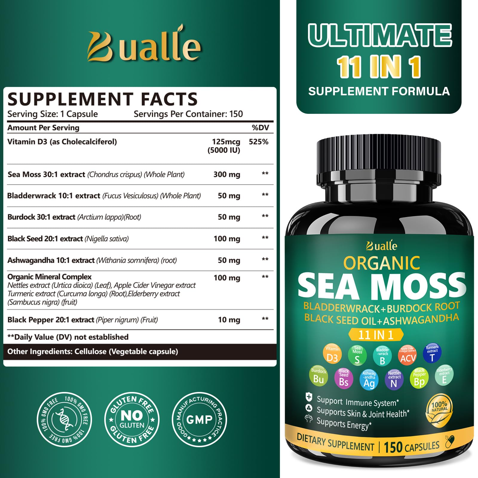 Bualle sea moss capsules close-up highlights compact, easy-to-take daily capsules.