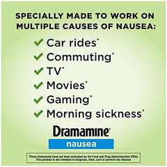Dramamine-N tablet being taken with water for nausea relief.