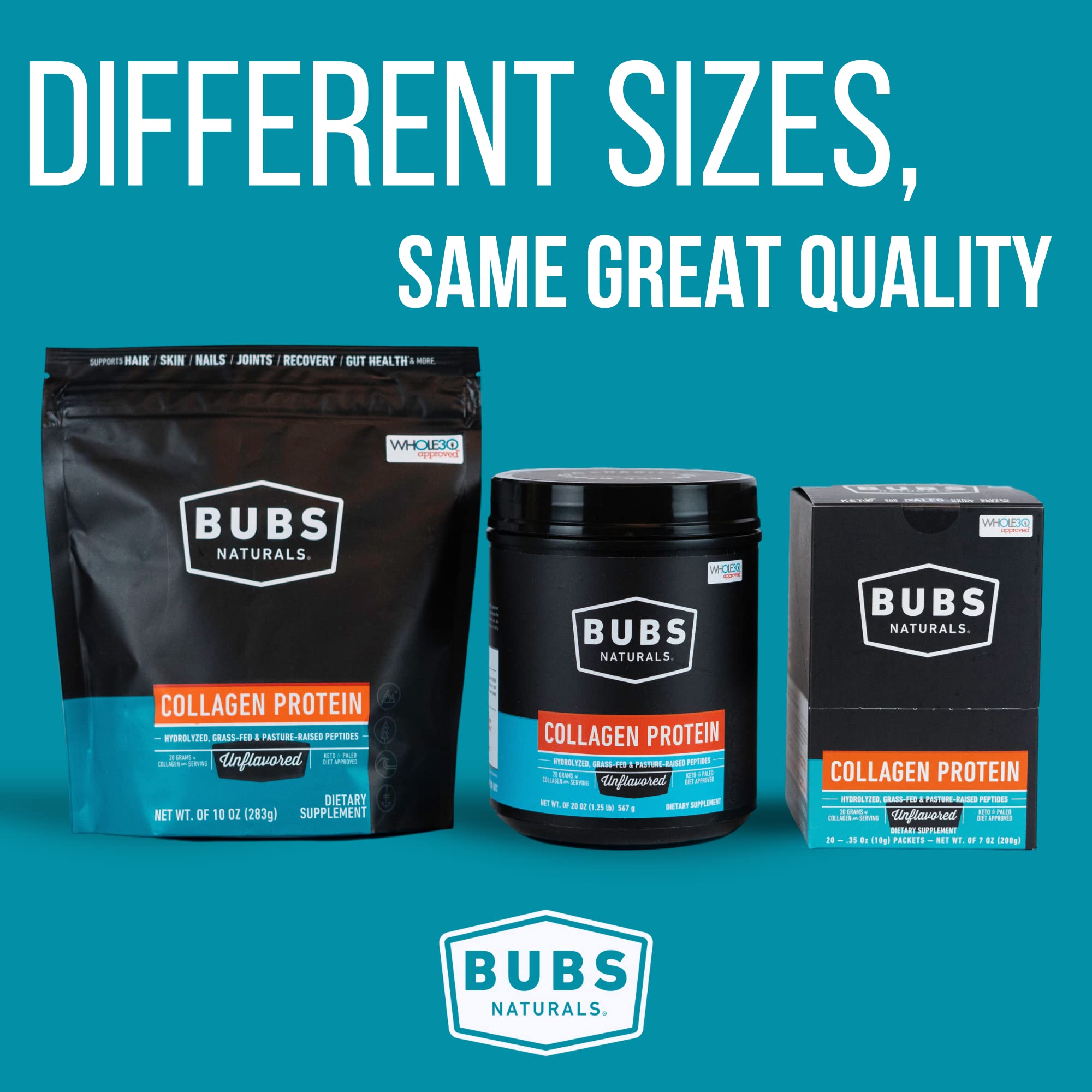 BUBS Naturals collagen peptides back label close-up showing grass-fed, pasture-raised sourcing.