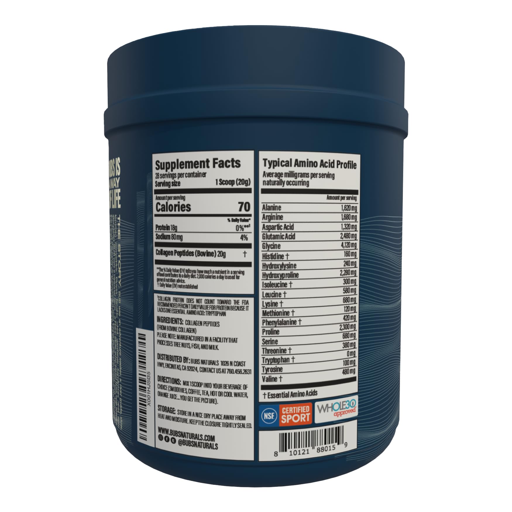 BUBS Naturals collagen peptides ingredients label indicating gluten-free and dairy-free composition.