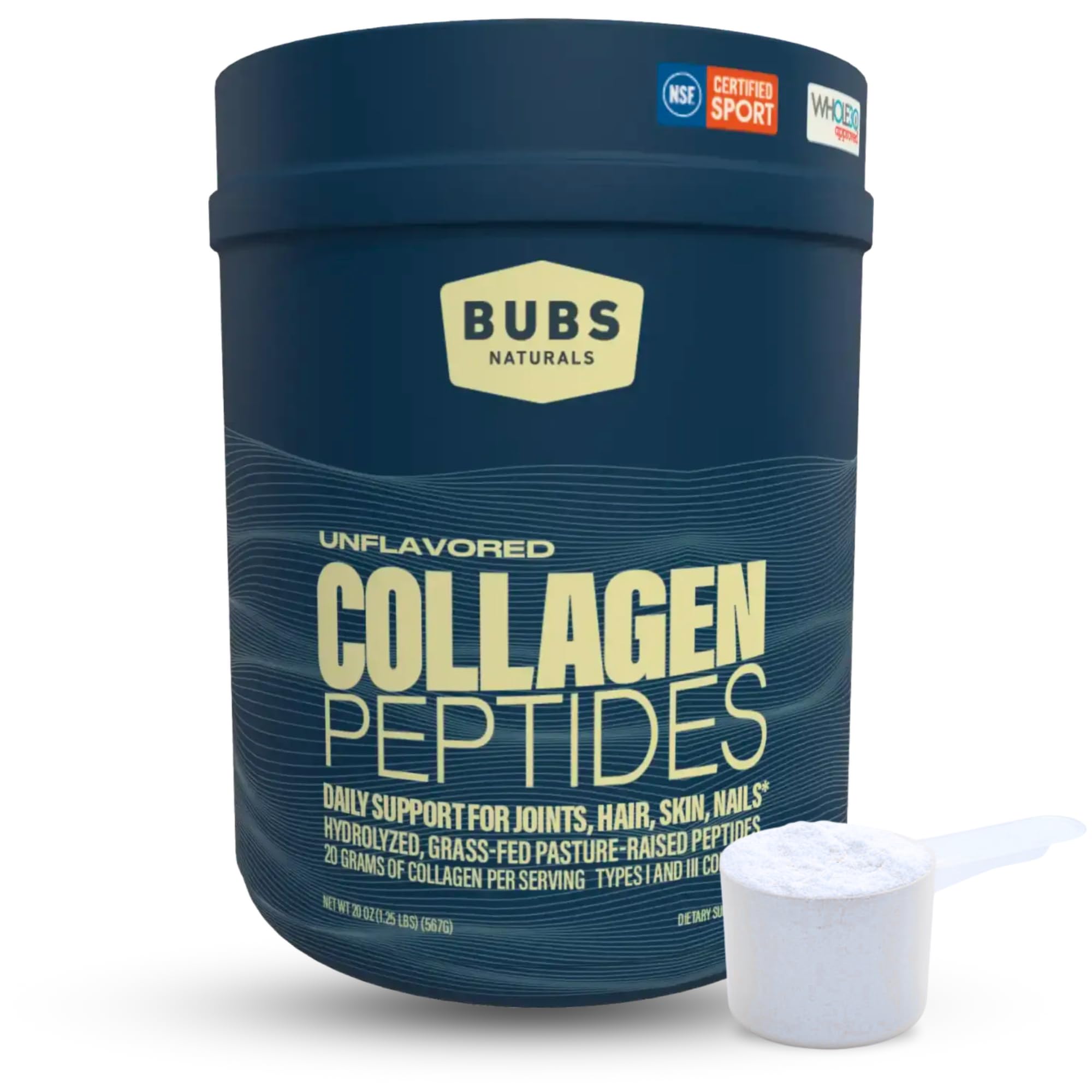 BUBS Naturals collagen peptides powder bottle front showing grass-fed sourcing for joint and skin support.