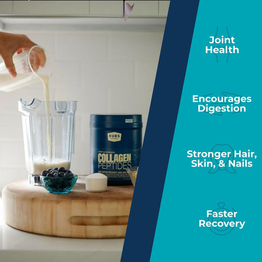 BUBS Naturals collagen peptides scoop illustrating easy daily serving.
