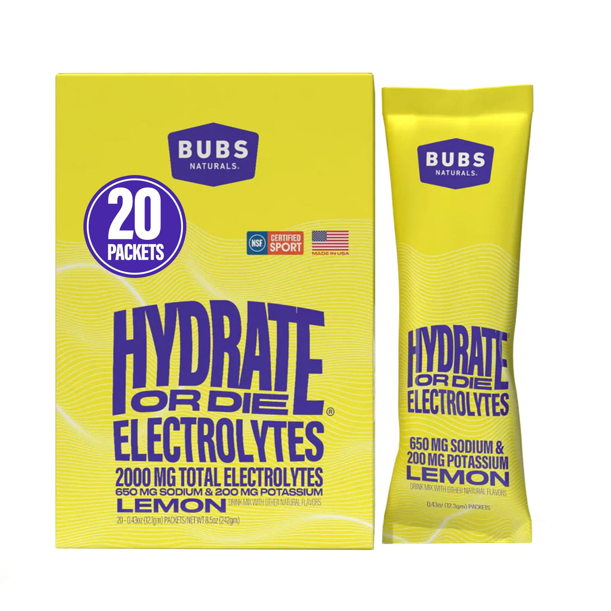 BUBS Naturals Hydrate or Die lemon packet ready to mix for fast hydration.