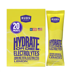 BUBS Naturals Hydrate or Die lemon packet ready to mix for fast hydration.