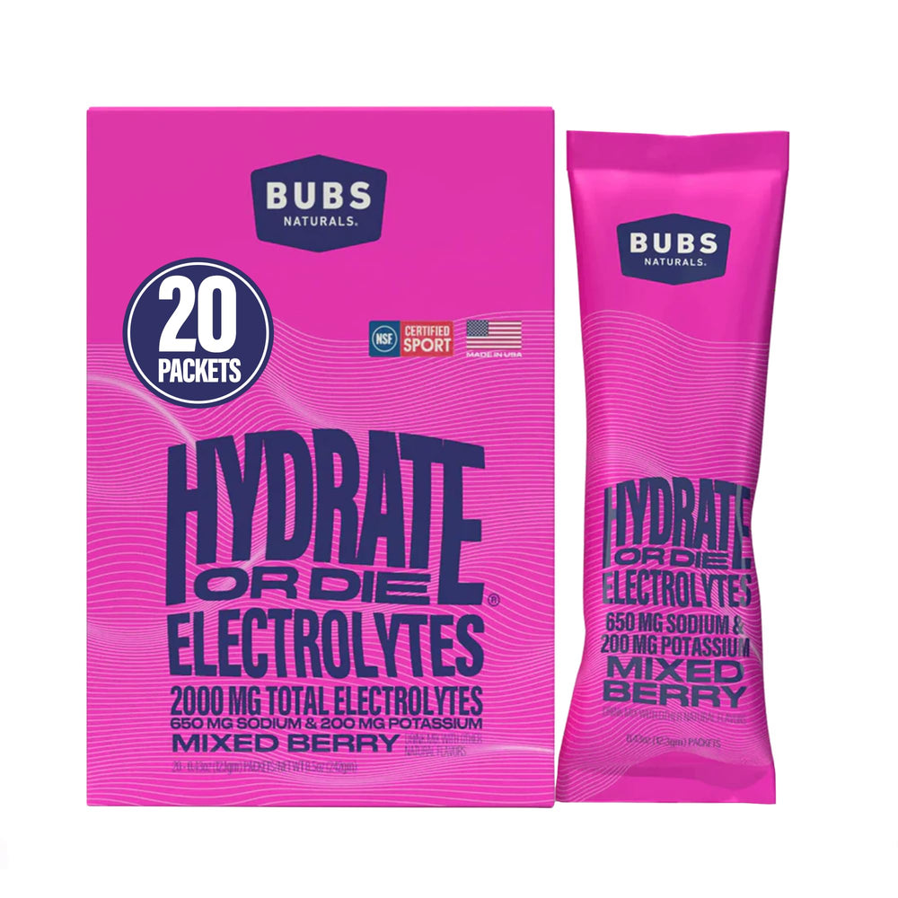 BUBS Naturals hydrate packets pour for fast electrolyte replenishment after workouts.
