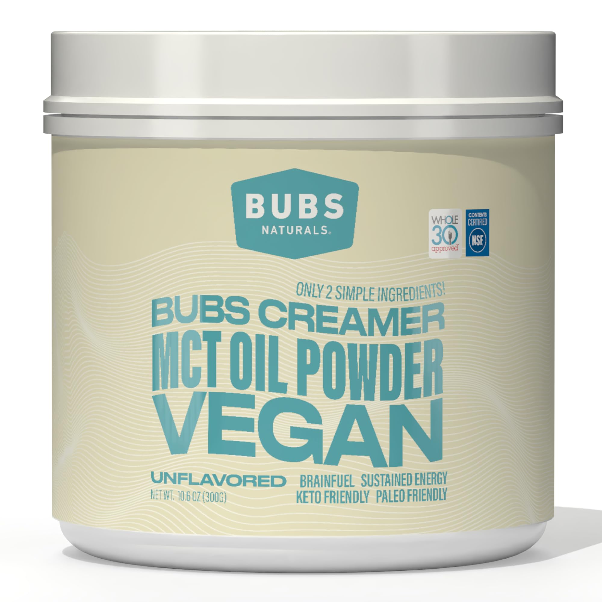 BUBS Naturals MCT Oil Powder bottle for quick keto energy.