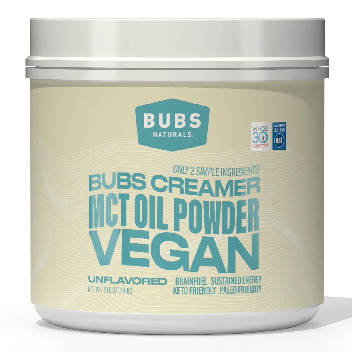 BUBS Naturals MCT Oil Powder bottle for quick keto energy.