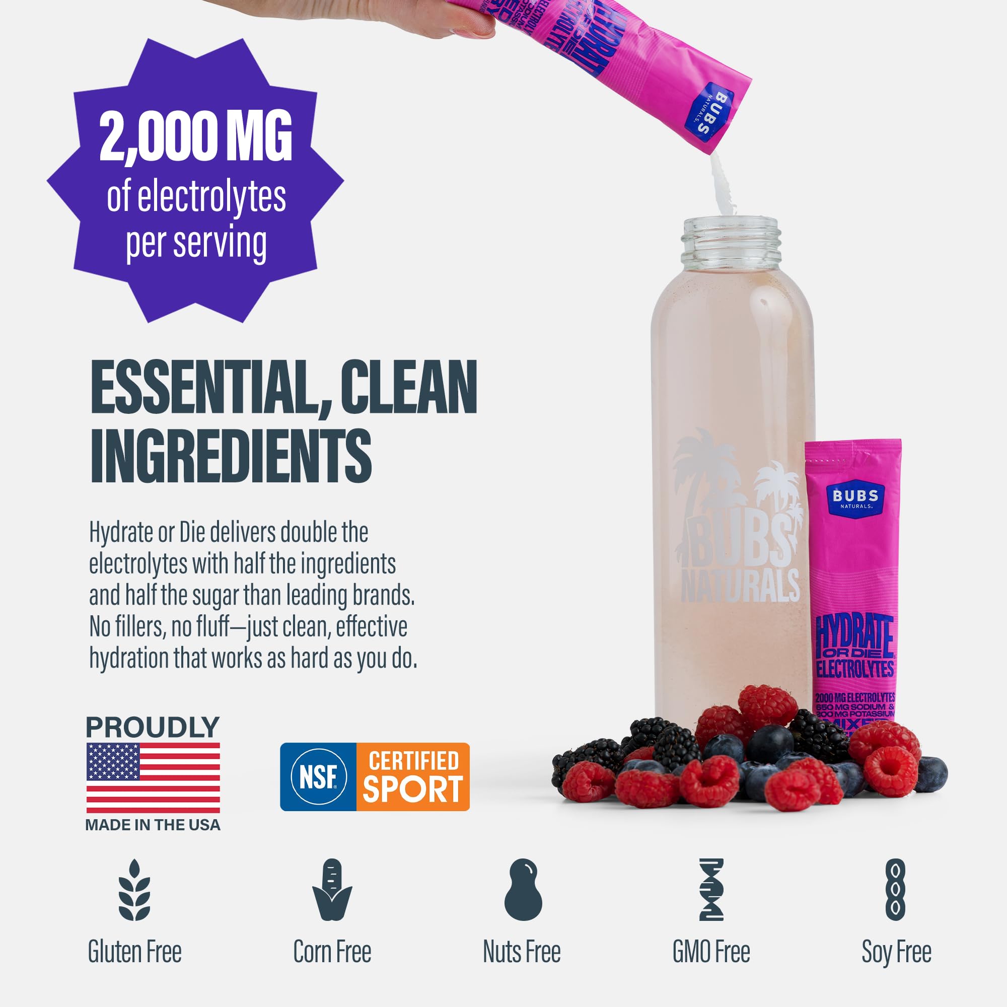 BUBS Naturals mixed berry flavor enhances taste during training sessions.