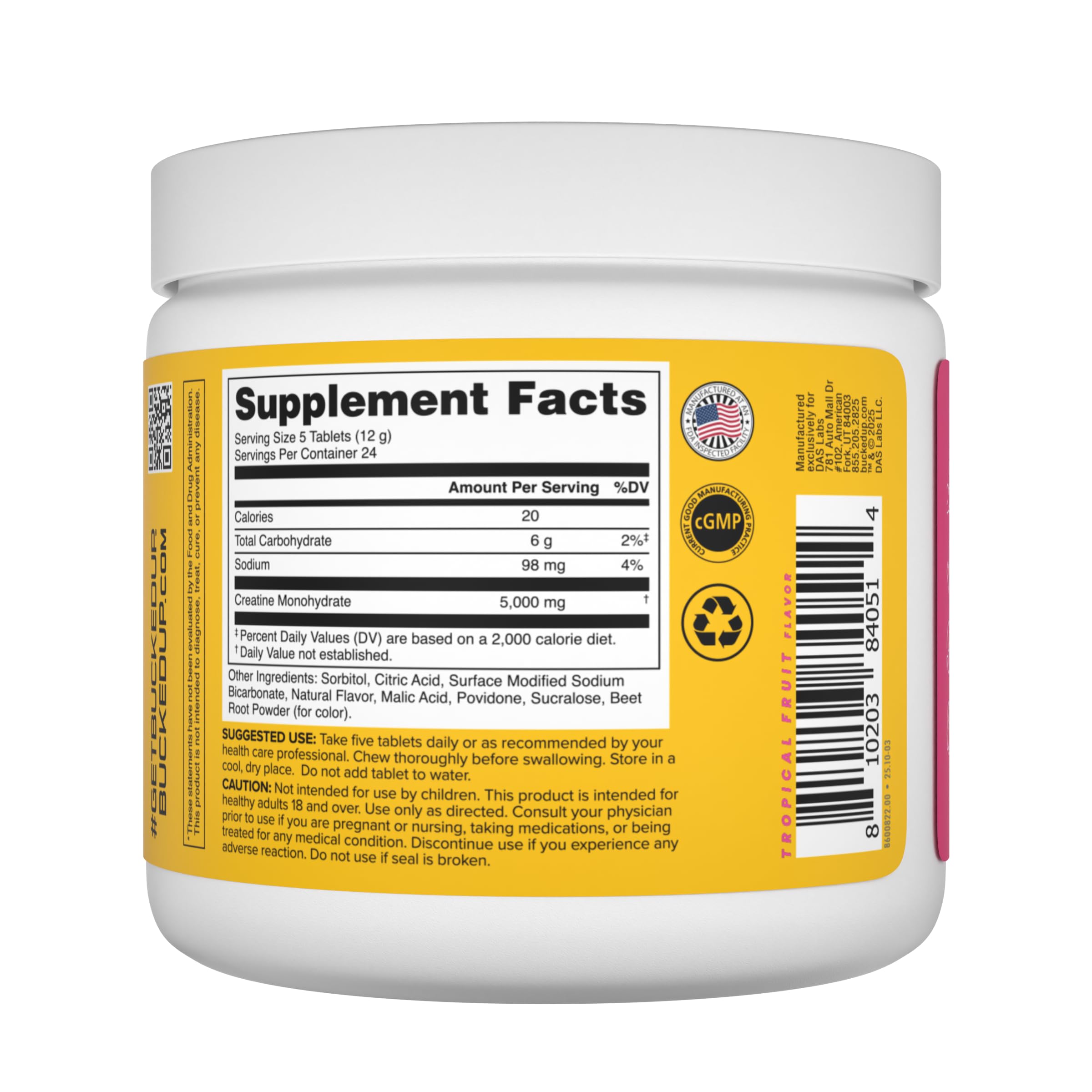 Bucked Up Creatine Candy Tropical Blast chewables fizzing for a water-free experience
