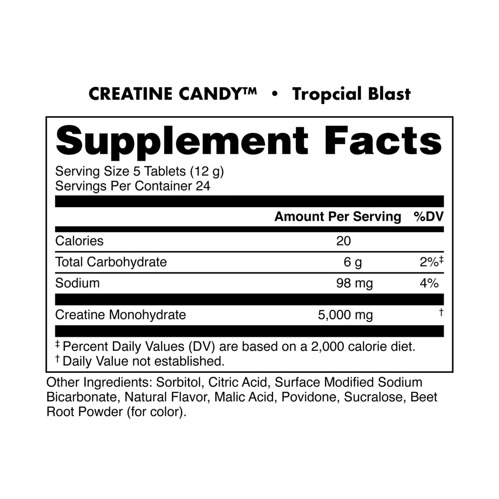 Bucked Up Creatine Candy Tropical Blast chewables arranged for easy daily intake