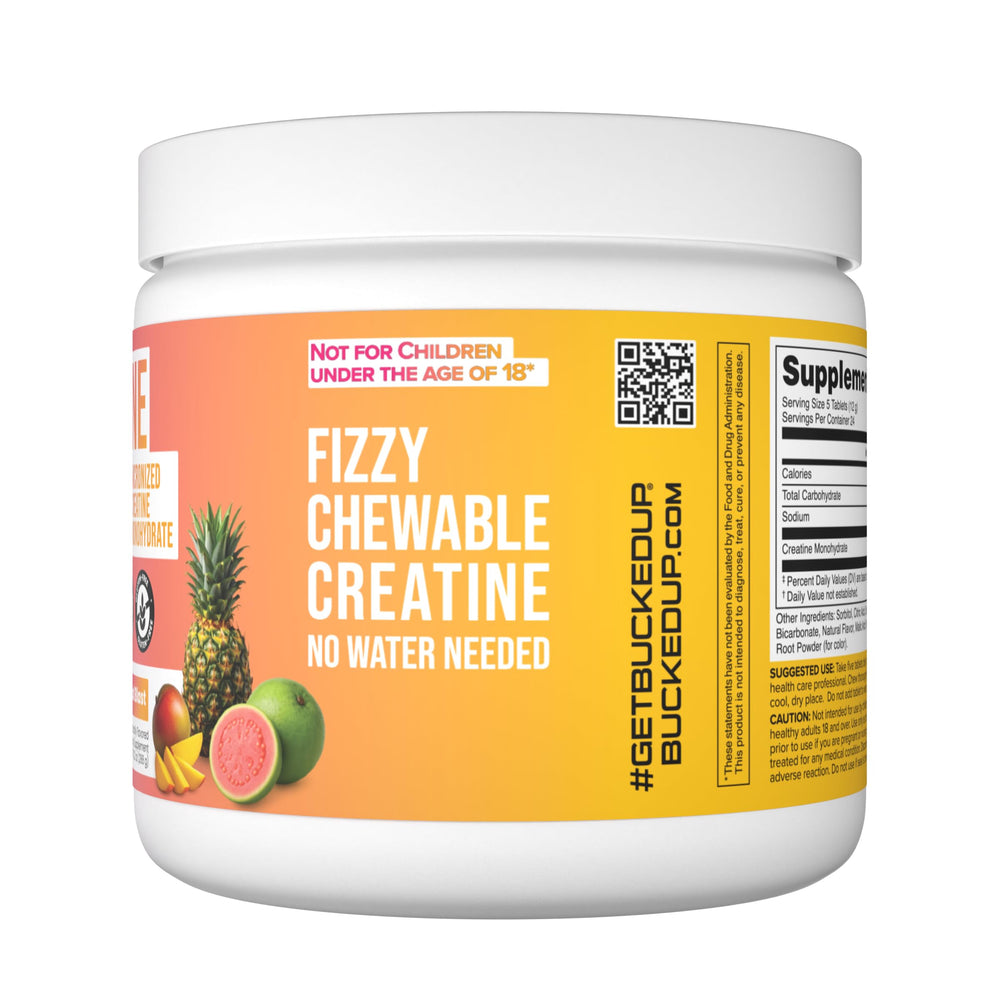 Bucked Up Creatine Candy Tropical Blast product packaging highlighting third-party testing and safety