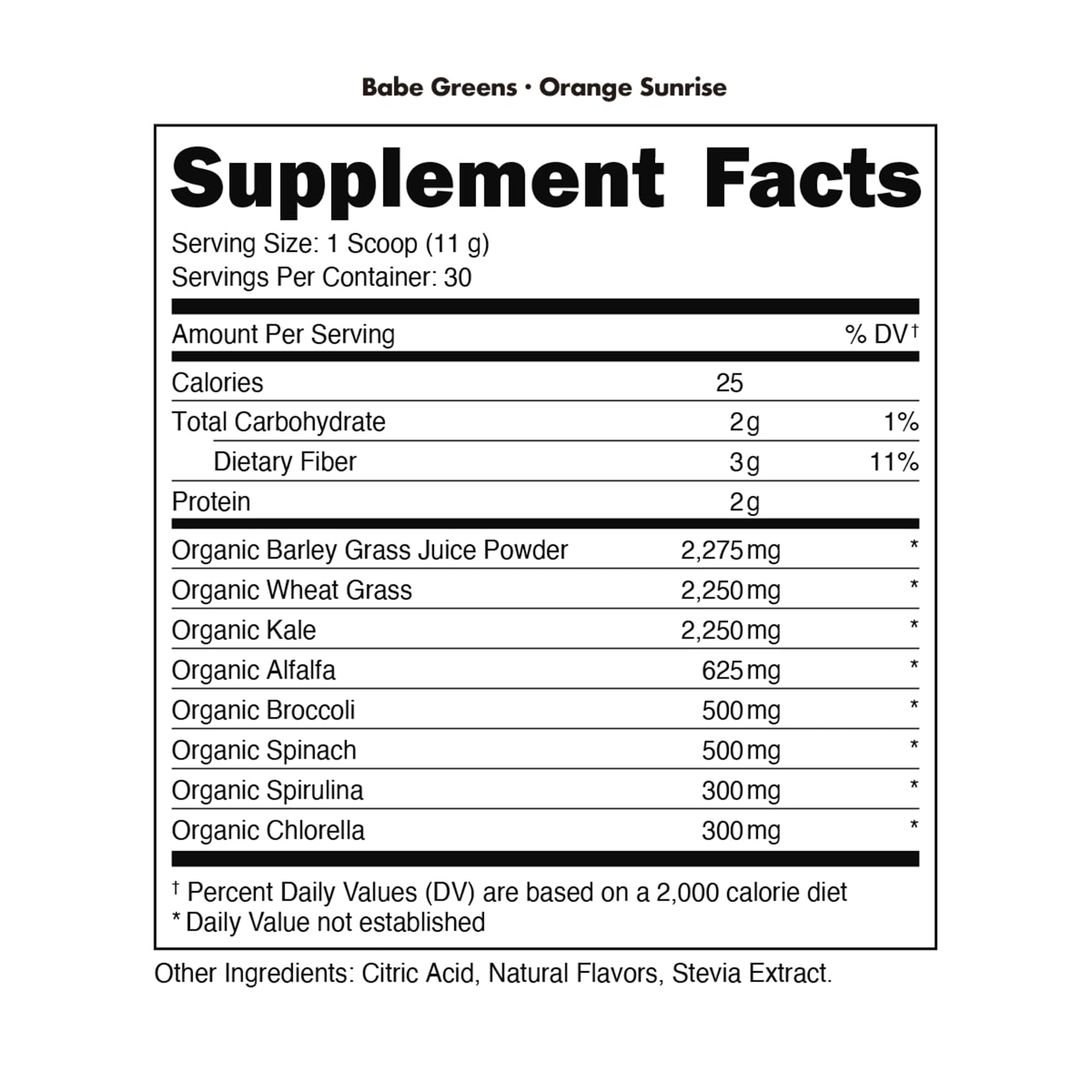 Bottle of Bucked Up Organic Greens Orange Sunrise beside fresh fruit for easy daily intake.