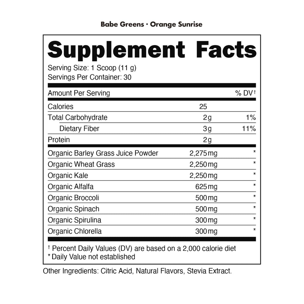 Bottle of Bucked Up Organic Greens Orange Sunrise beside fresh fruit for easy daily intake.