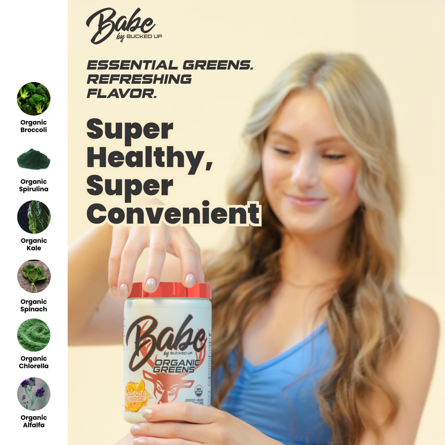 Spill-free pouring of Bucked Up Greens Orange Sunrise into a glass with water.