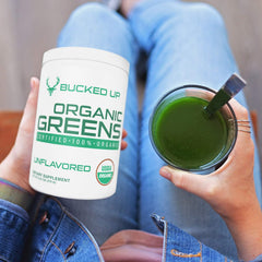 Bucked Up Greens Unflavored kitchen-scene suggesting an easy daily wellness habit.