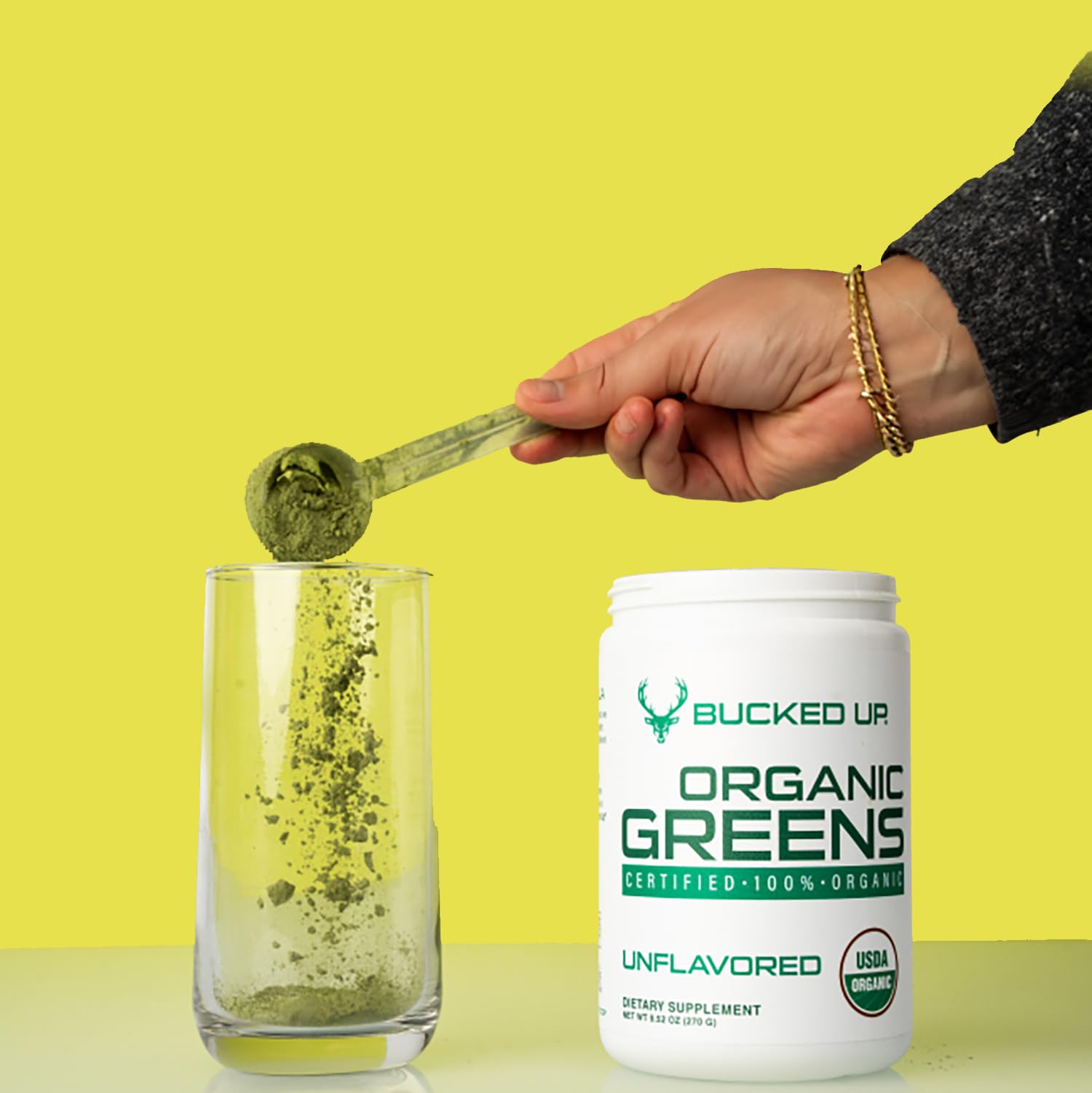 Bucked Up Greens Unflavored shaker-bottle ready for on-the-go nutrition.