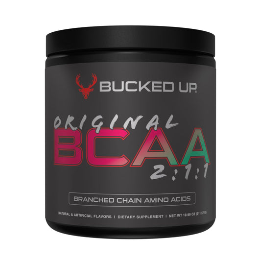 Bucked Up Original BCAA tub front showing 2:1:1 formula for pre and post workout support.
