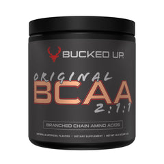 Bucked Up Original BCAA tub on shelf highlighting 2:1:1 ratio for workouts.