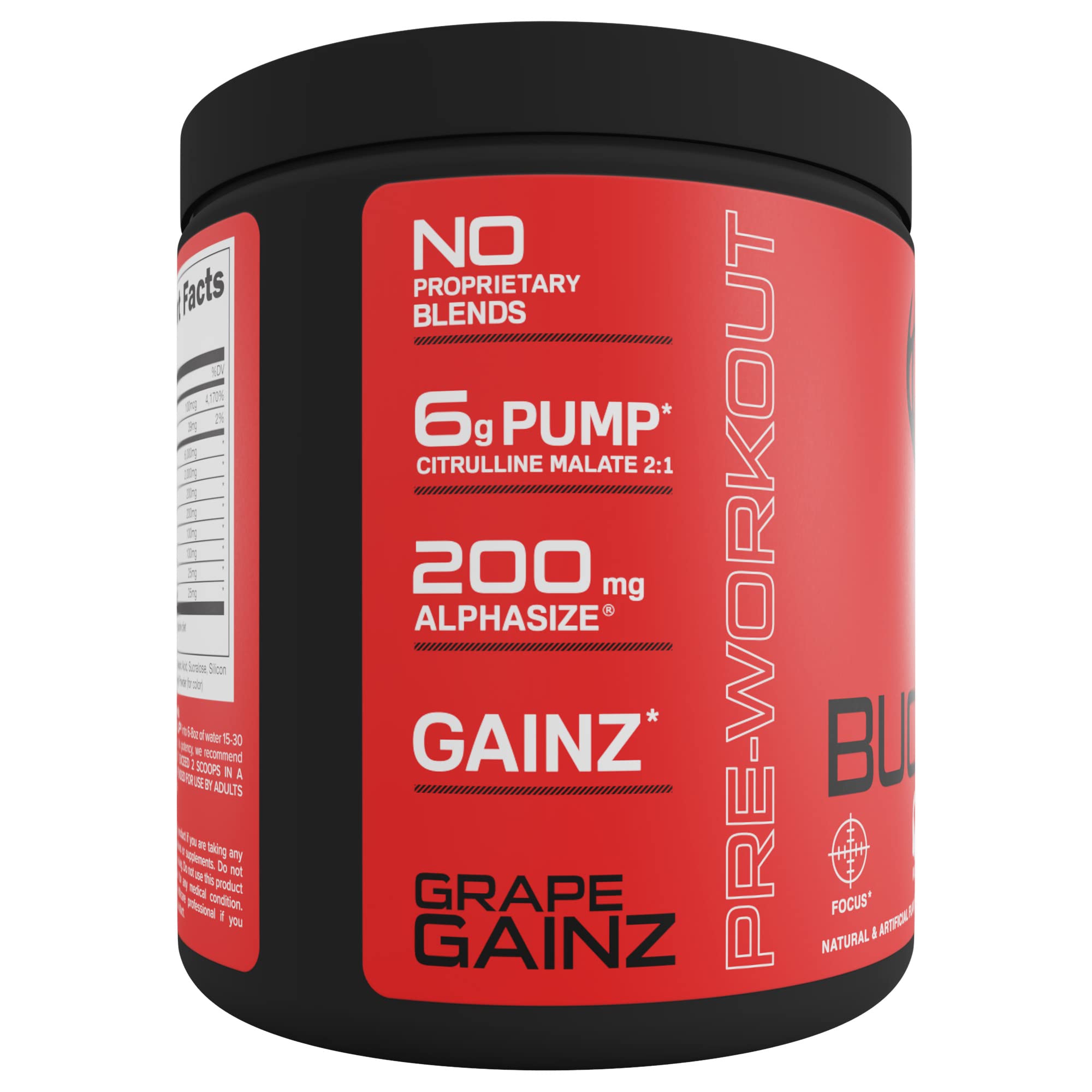 Bucked Up grape nutrition label visible with transparent ingredients