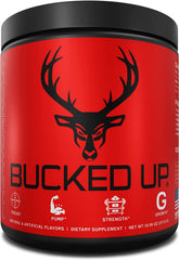 Bucked Up Pre Workout grape tub front showing packaging and flavor