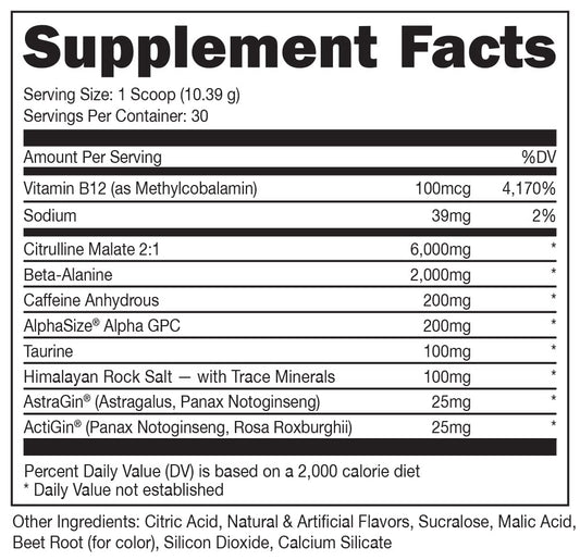 Bucked Up Pre Workout tub label shows full nutrition and caffeine blend