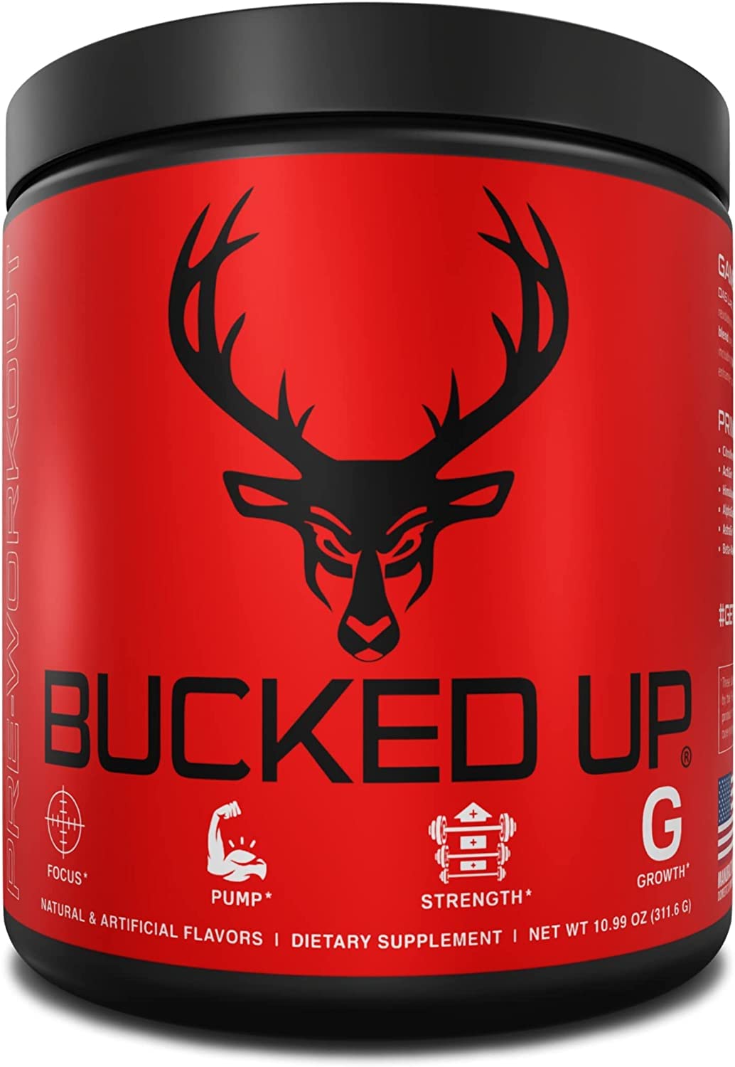 Bucked Up pre-workout Watermelon bottle front view highlights energy for workouts.