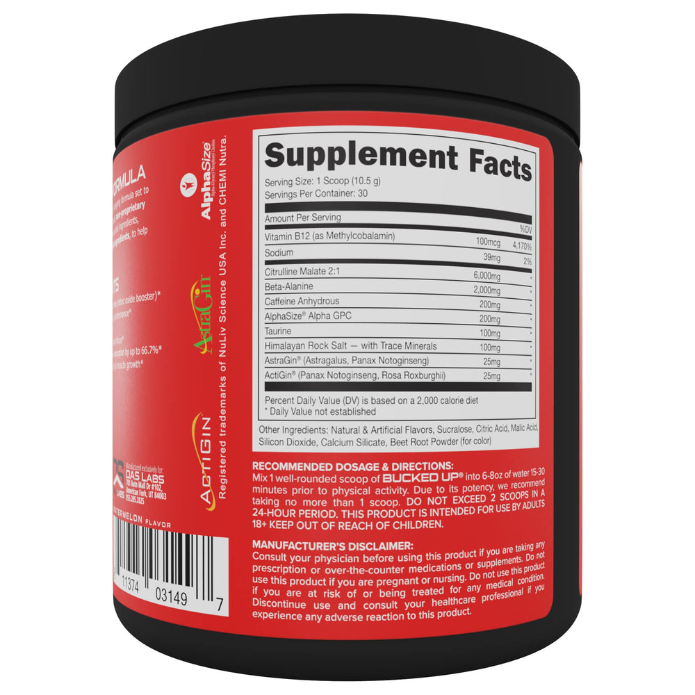 Bucked Up pre-workout Watermelon powder dissolves quickly for training sessions.