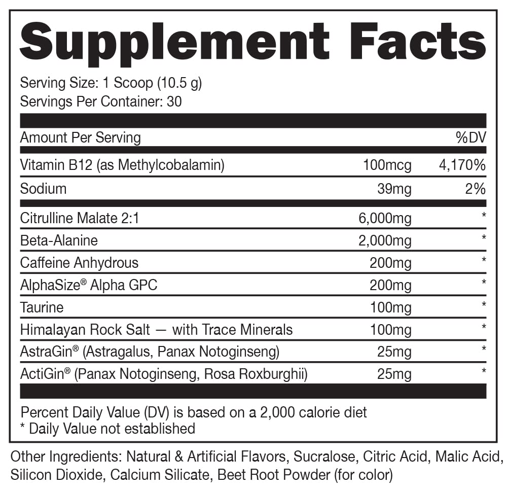 Bucked Up pre-workout Watermelon scoop shows serving size for focus.