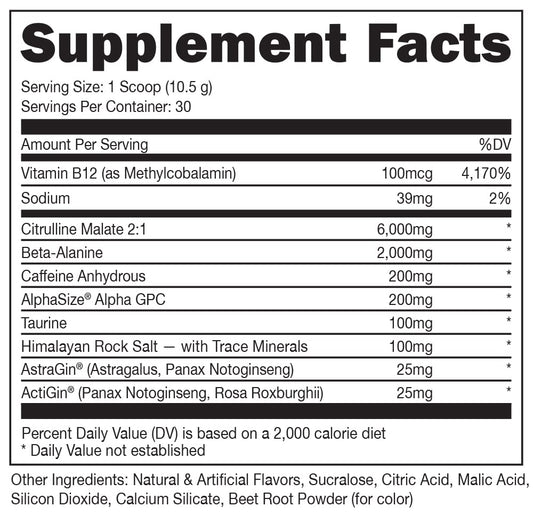 Bucked Up pre-workout Watermelon scoop shows serving size for focus.