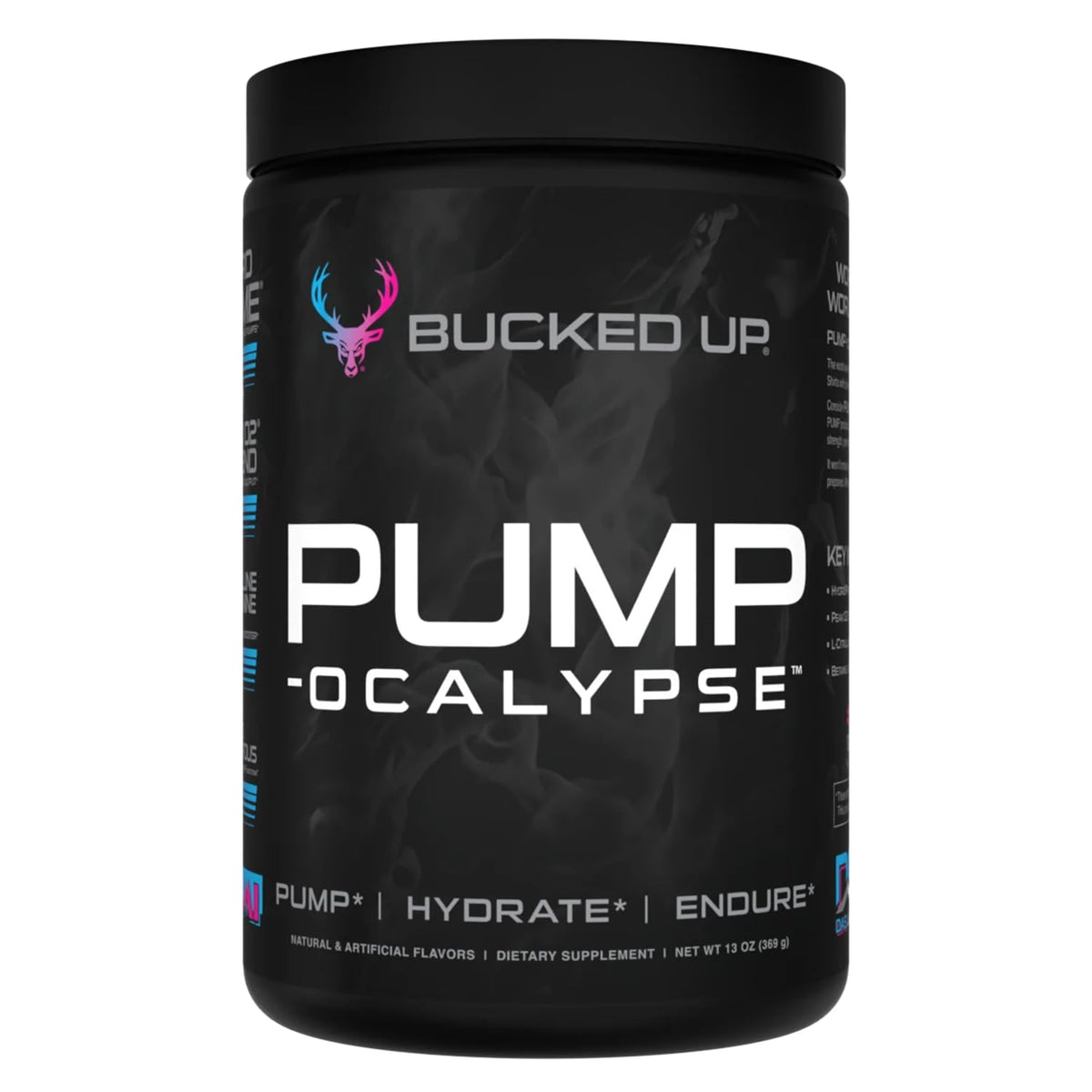 Bucked Up Pump-ocalypse Miami bottle highlighting the nitric oxide support for workouts