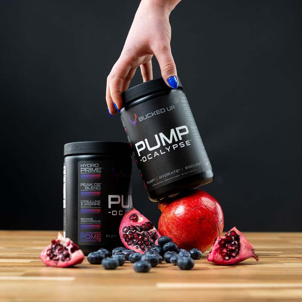 Pump-ocalypse bottle on gym counter highlighting performance support